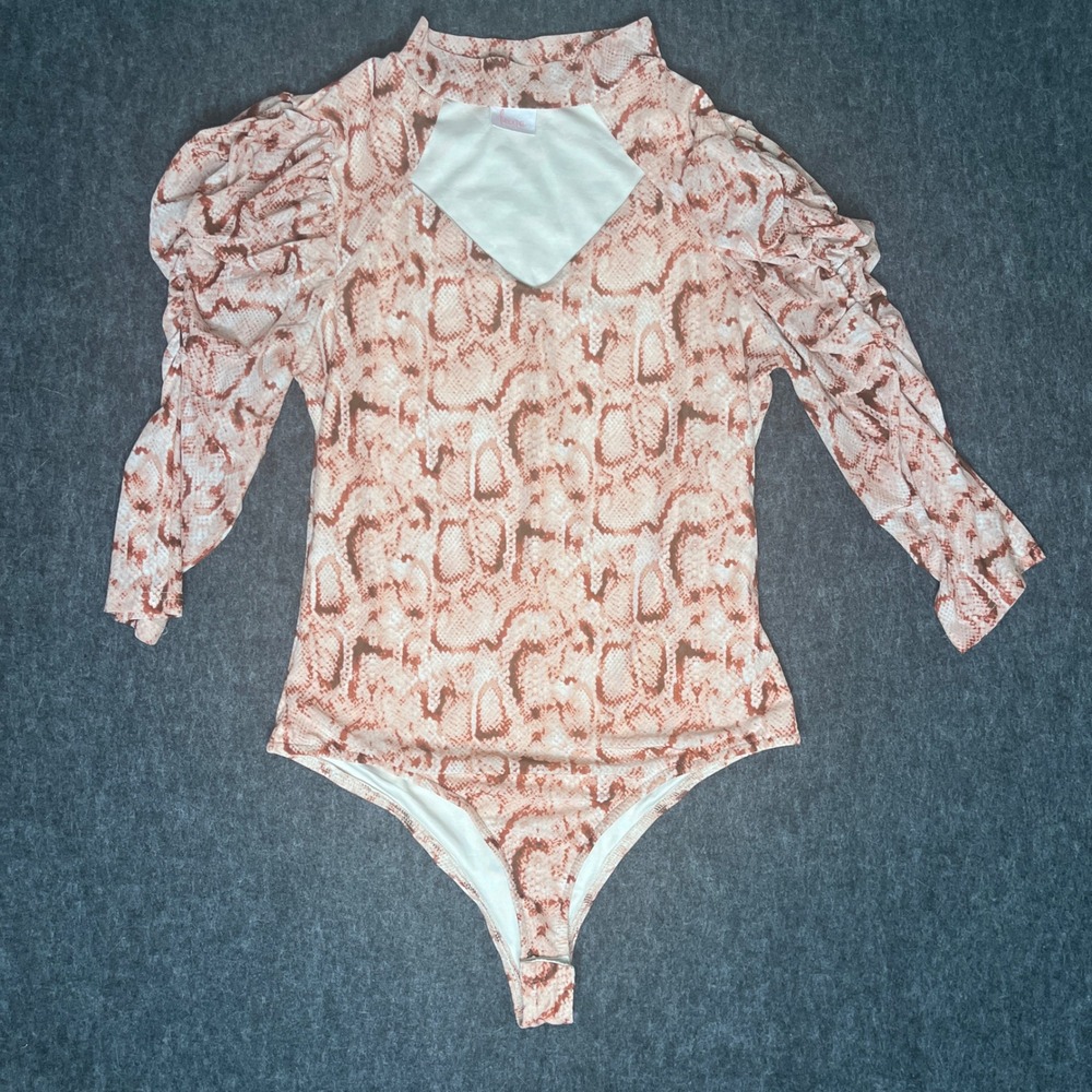 Luna Snakeskin Print Mock Neck Cutout Puff Sleeve Bodysuit Tan Brown M